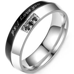 **COI Titanium Black Silver P.S. I Love You Ring With Cubic Zirconia-7890
