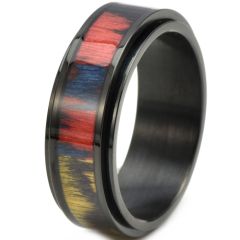 **COI Titanium Black/Gold Tone/Silver Step Edges Ring With Wood-7905