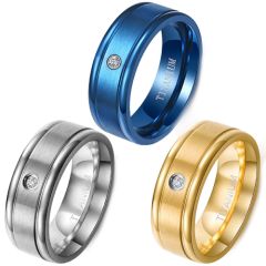 **COI Titanium Gold Tone/Blue/Silver Double Grooves Ring With Cubic Zirconia-7920