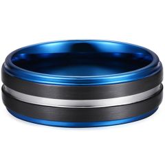 **COI Tungsten Carbide Black Blue Silver Center Groove Step Edges Ring-7959AA