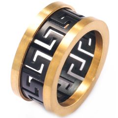 **COI Titanium Black Gold Tone Great Wall Greek Key Pattern Ring-8014AA