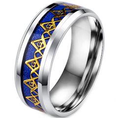 **COI Titanium Gold Tone Masonic Freemason Ring With Blue Meteorite-8079AA