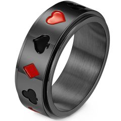 **COI Titanium Black/Gold Tone/Silver Red Aces of Spades Step Edges Ring-8113AA