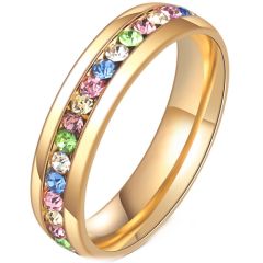 **COI Titanium Gold Tone/Silver Dome Court Ring With Rainbow Cubic Zirconia-8119