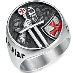 **COI Titanium Silver Black Red Vintage Templar Skull Ring With Cross-8179AA
