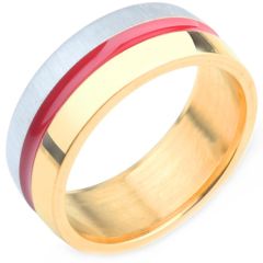 **COI Titanium Gold Tone Red Silver Center Groove Ring-8250AA