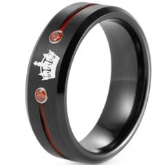 **COI Tungsten Carbide Black Red Center Groove King Crown Ring With Created Red Ruby-8286AA