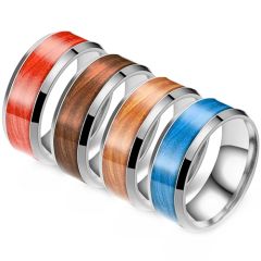 **COI Titanium Beveled Edges Ring With Orange/Blue/Light Brown/Dark Brown Wood-8314AA