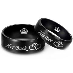**COI Black Tungsten Carbide Her Buck His Doe Double Hearts Beveled Edges Ring With Crown-8320AA