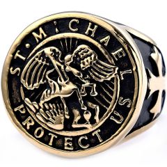 **COI Titanium Black Gold Tone/Silver/Gold Tone St Michael Protect Us Ring With Cross-8355AA
