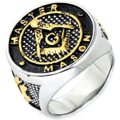 **COI Titanium Black Gold Tone/Silver Masonic Freemason Ring-8356AA