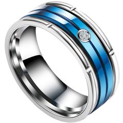 **COI Titanium Blue Silver Tire Tread Center Groove Ring With Cubic Zirconia-8361AA