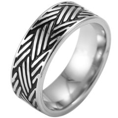 **COI Titanium Black Silver Grooves Ring-8396AA