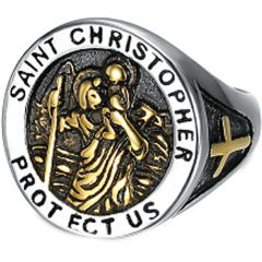 **COI Titanium Gold Tone/Silver/Gold Tone & Silver Saint Christopher Protect Us Ring-8412AA
