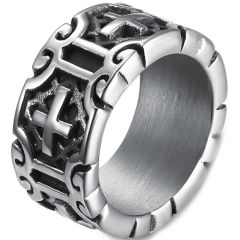 **COI Titanium Black Silver Ring With Cross-8413AA