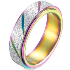 **COI Titanium Rainbow Color Silver Diagonal Grooves Step Edges Ring-8415