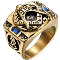 **COI Titanium Gold Tone Black Masonic Freemason Ring With Created Blue Sapphire-8440AA