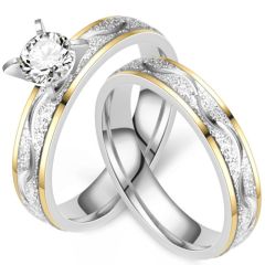 **COI Titanium Gold Tone Silver Solitaire Ring Wedding Set-8451AA(A Set With Two Rings)