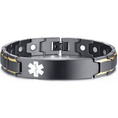 COI Titanium Black Gold Tone Medical Alert Bracelet With Steel Clasp(Length: 8.46 inches)-8505AA