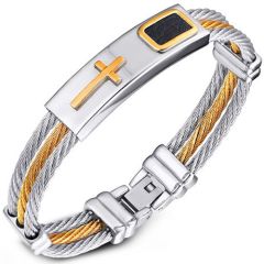 COI Titanium Black Gold Tone Silver Cross Wire Bracelet With Steel Clasp(Length: 7.87 inches)-8524AA