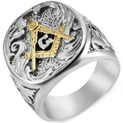 **COI Titanium Gold Tone/Silver Masonic Freemason Ring=8539AA