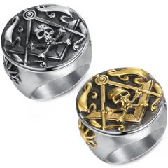 **COI Titanium Gold Tone/Silver Masonic Freemason Skull Ring-8557AA