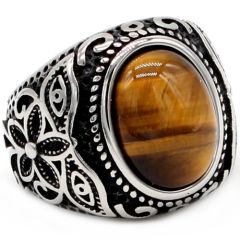 **COI Titanium Black Gold Tone/Silver Ring With Tiger Eye-8575AA