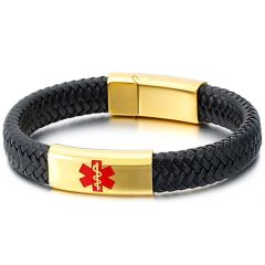 COI Titanium Gold Tone/Silver Medical Alert Black Leather Bracelet With Steel Clasp(Length: 8.66 inches)-8586AA