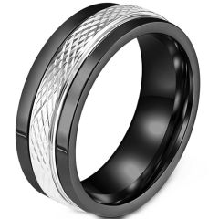 **COI Titanium Black Silver Grooves Ring-8597AA