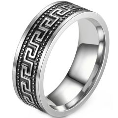 **COI Titanium Black Silver Greek Key Pattern Ring-8631AA