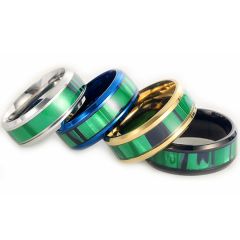 **COI Titanium Black/Gold Tone/Silver/Blue Beveled Edges Ring With Green Wood-8651