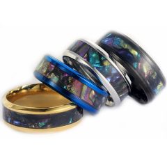 **COI Titanium Black/Gold Tone/Silver/Blue Beveled Edges Ring With Abalone Shell-8652