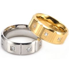 **COI Titanium Gold Tone/Silver Grooves Beveled Edges Ring With Cubic Zirconia-8681