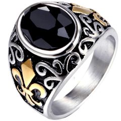 **COI Titanium Black Gold Tone/Silver Fleur De Lis Ring With Black Onyx-8699AA