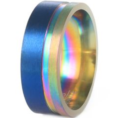 **COI Titanium Blue Gold Tone Rainbow Color Offset Groove Pipe Cut Flat Ring-8713AA