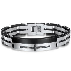 COI Titanium Black Silver Cross Cubic Zirconia Bracelet With Steel Clasp(Length: 8.27 inches)-8787AA