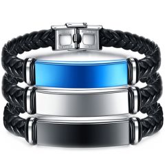 COI Titanium Black/Blue/Silver Bracelet With Leather & Steel Clasp(Length: 8.66 inches)-8800AA