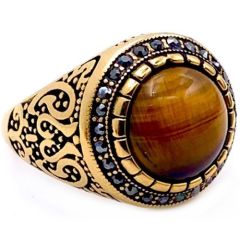 **COI Titanium Black Gold Tone Celtic Ring With Tiger Eye & Cubic Zirconia-8819AA