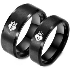 **COI Black Titanium Beveled Edges King Queen Crown Ring With Heart-8821AA