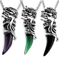**COI Titanium Black Silver/Black Wolf Pendant With Black Onyx/Amethyst/Created Green Emerald-8828AA