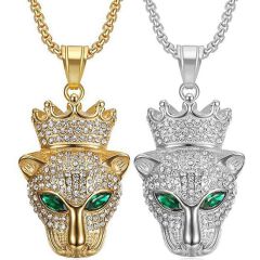 **COI Titanium Gold Tone/Silver Leopard Pendant With Cubic Zirconia & Created Green Emerald-8851AA