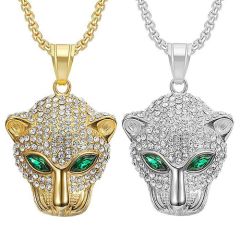 **COI Titanium Gold Tone/Silver Leopard Pendant With Cubic Zirconia & Created Green Emerald-8852AA