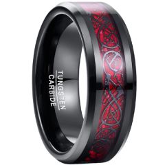 **COI Tungsten Carbide Black Red Dragon Beveled Edges Ring-8886AA