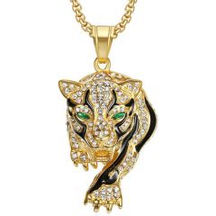 **COI Titanium Gold Tone Black Leopard Pendant With Created Emerald-8896