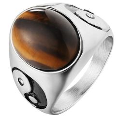 **COI Titanium Gold Tone/Silver Ying Yang Ring With Tiger Eye-8909