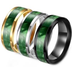 **COI Titanium Black/Gold Tone/Silver Beveled Edges Ring With Green Wood-8936