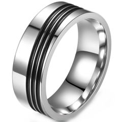 **COI Titanium Black Silver Diagonal Grooves Pipe Cut Flat Ring-8966