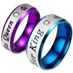 **COI Titanium Blue/Purple King Queen Crown Beveled Edges Ring With Cubic Zirconia-8979