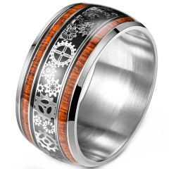 **COI Titanium Black Silver Gears Ring With Wood-8981