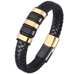 COI Titanium Black Gold Tone/Silver/Black Genuine Leather Bracelet With Steel Clasp(Length: 8.07 inches)-8999